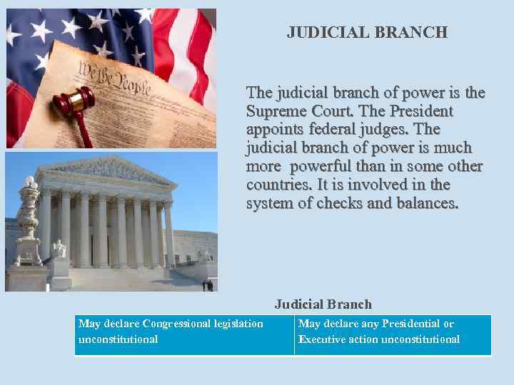 JUDICIAL BRANCH The judicial branch of power is the Supreme Court. The President appoints