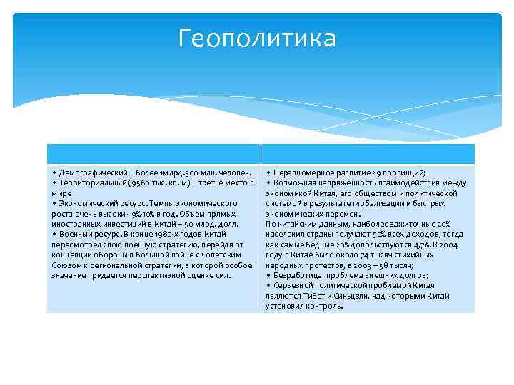 Геополитика • Демографический – более 1 млрд. 300 млн. человек. • Территориальный (9560 тыс.