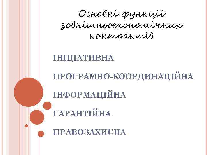 Основні функції зовнішньоекономічних контрактів ІНІЦІАТИВНА ПРОГРАМНО-КООРДИНАЦІЙНА ІНФОРМАЦІЙНА ГАРАНТІЙНА ПРАВОЗАХИСНА 