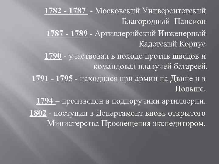 1782 - 1787 - Московский Университетский Благородный Пансион 1787 - 1789 - Артиллерийский Инженерный
