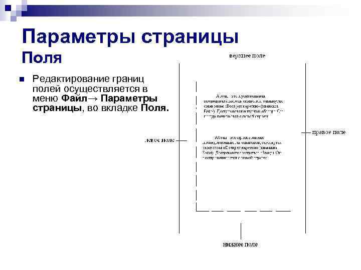 Параметры страницы Поля n Редактирование границ полей осуществляется в меню Файл→ Параметры страницы, во