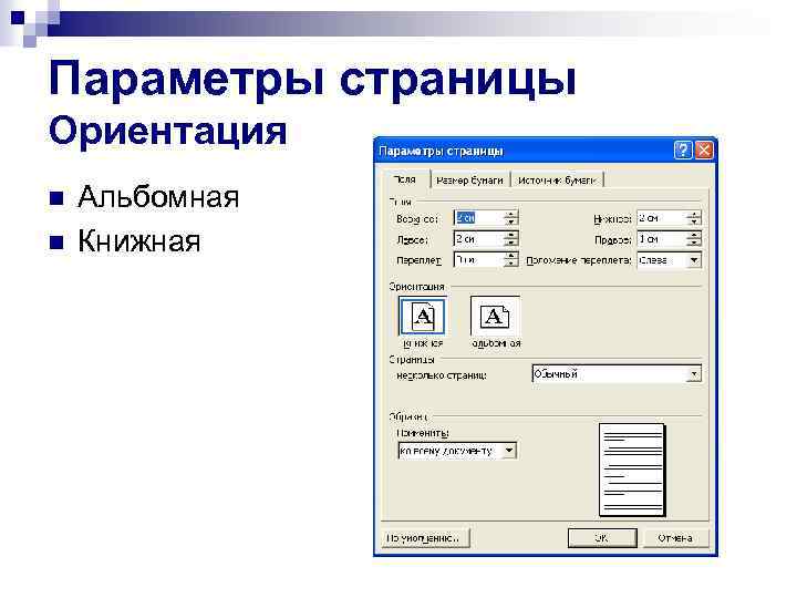 Параметры страницы Ориентация n n Альбомная Книжная 