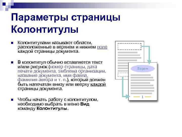 Параметры страницы Колонтитулы n Колонтитулами называют области, расположенные в верхнем и нижнем поле каждой