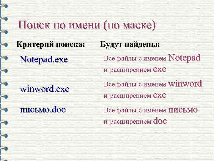 Поиск по имени (по маске) Критерий поиска: Notepad. exe winword. exe письмо. doc Будут