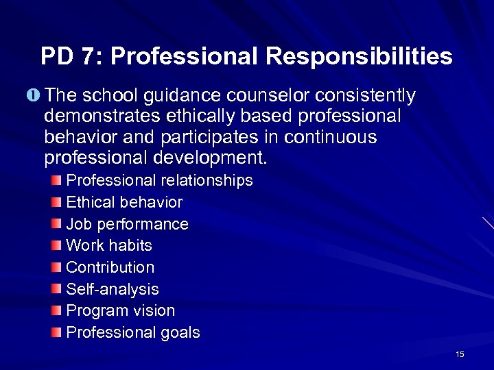 PD 7: Professional Responsibilities The school guidance counselor consistently demonstrates ethically based professional behavior