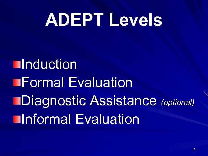 ADEPT Levels Induction Formal Evaluation Diagnostic Assistance (optional) Informal Evaluation 4 