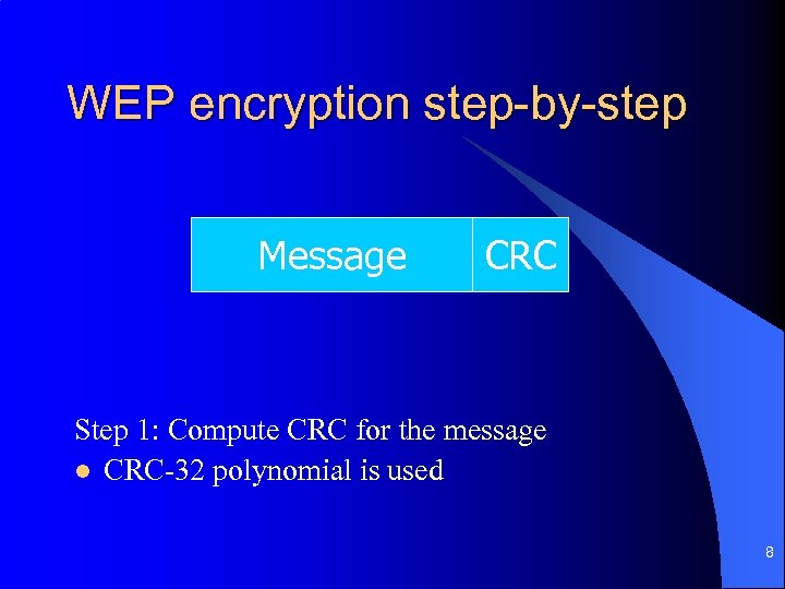 WEP encryption step-by-step Message CRC Step 1: Compute CRC for the message l CRC-32