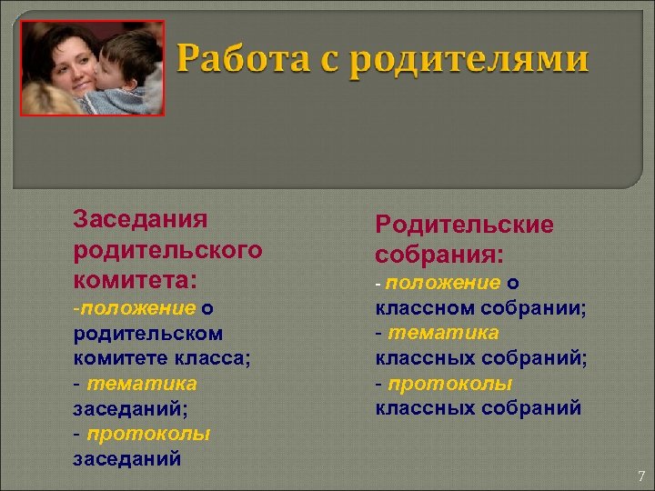 Заседания родительского комитета: -положение о родительском комитете класса; - тематика заседаний; - протоколы заседаний