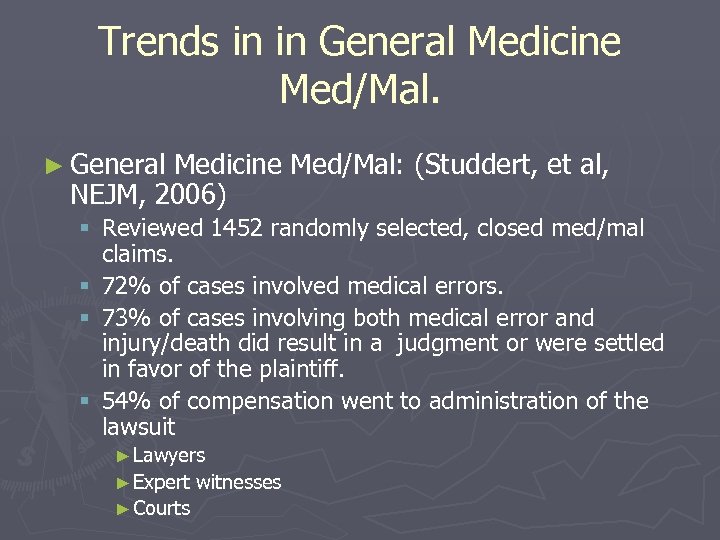 Trends in in General Medicine Med/Mal. ► General Medicine Med/Mal: (Studdert, et al, NEJM,