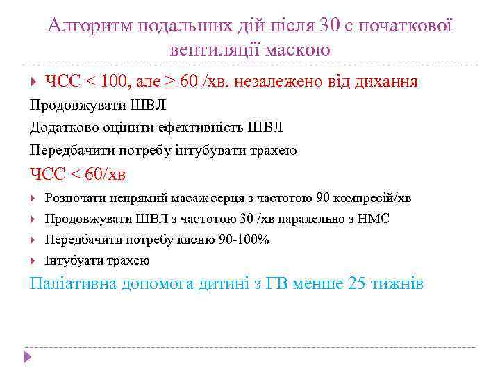 Алгоритм подальших дій після 30 с початкової вентиляції маскою ЧСС ˂ 100, але ≥