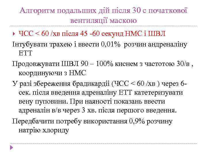 Алгоритм подальших дій після 30 с початкової вентиляції маскою ЧСС ˂ 60 /хв після