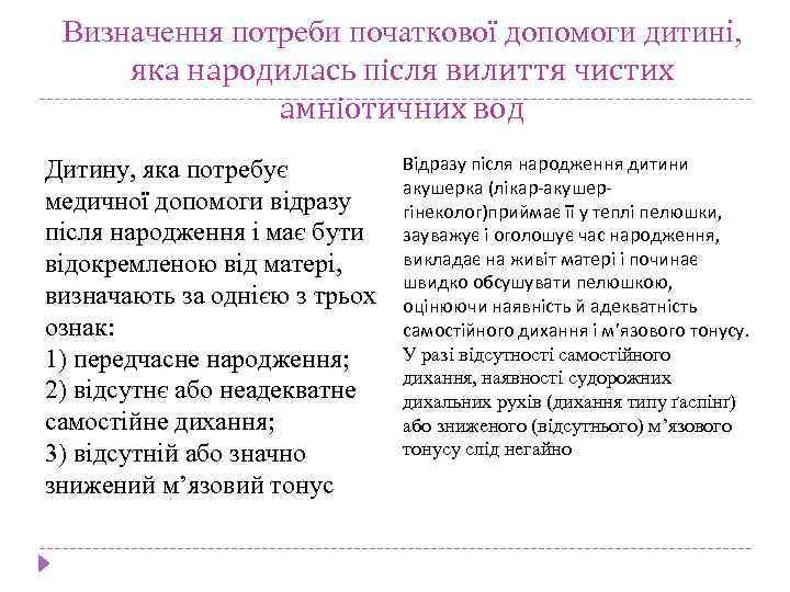 Визначення потреби початкової допомоги дитині, яка народилась після вилиття чистих амніотичних вод Дитину, яка