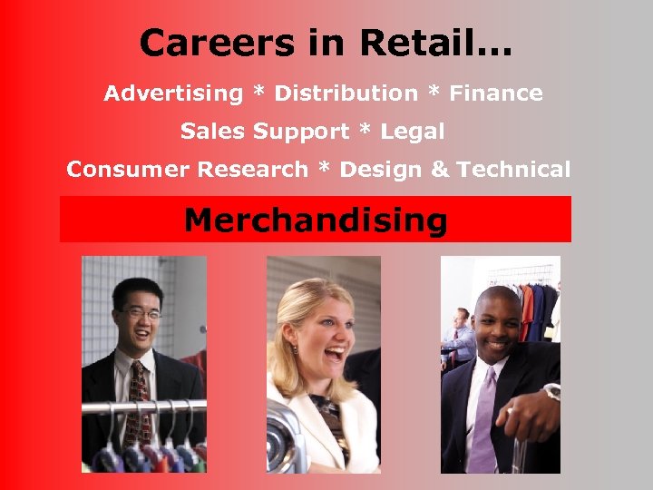 Careers in Retail… Advertising * Distribution * Finance Sales Support * Legal Consumer Research