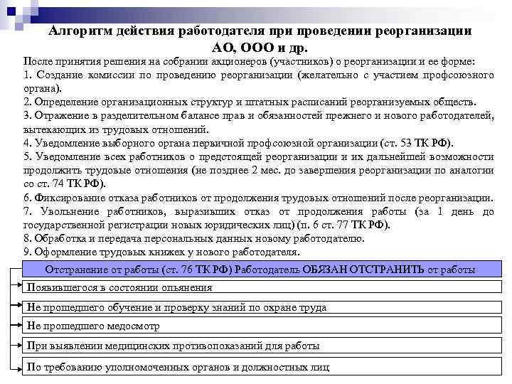 Алгоритм действия работодателя при проведении реорганизации АО, ООО и др. После принятия решения на