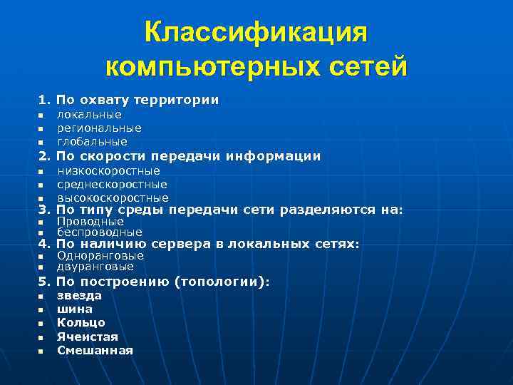 Классификация компьютерных сетей 1. По охвату территории n n n локальные региональные глобальные 2.