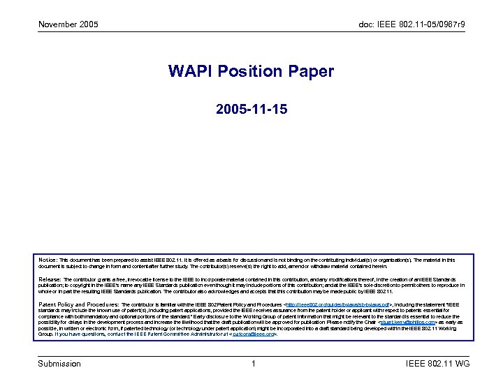November 2005 doc: IEEE 802. 11 -05/0967 r 9 WAPI Position Paper 2005 -11