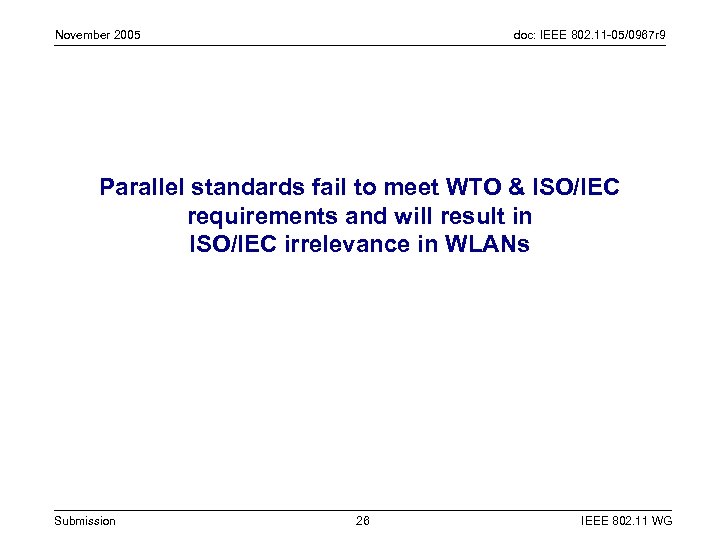 November 2005 doc: IEEE 802. 11 -05/0967 r 9 Parallel standards fail to meet