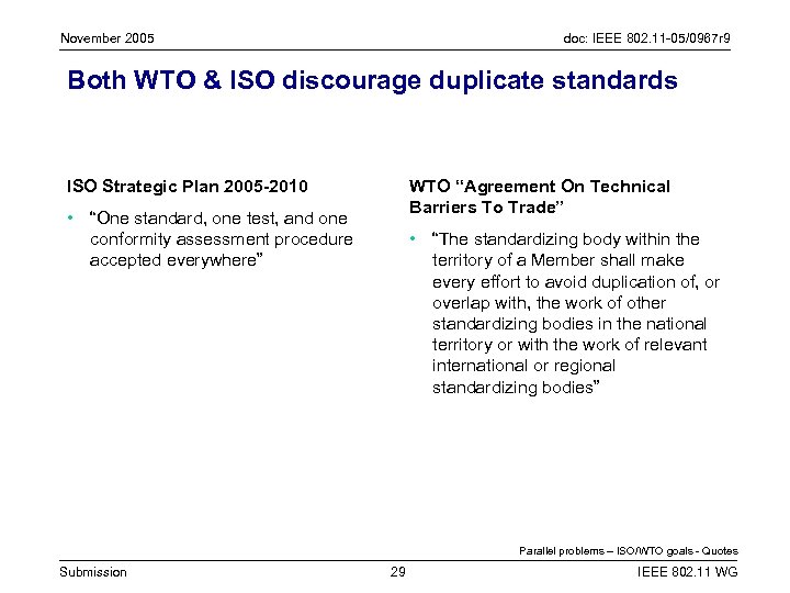 November 2005 doc: IEEE 802. 11 -05/0967 r 9 Both WTO & ISO discourage