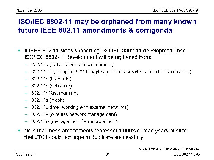November 2005 doc: IEEE 802. 11 -05/0967 r 9 ISO/IEC 8802 -11 may be