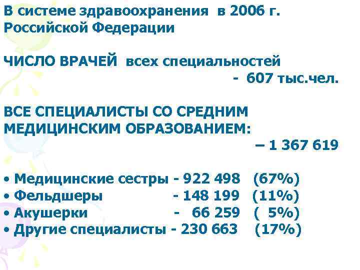 В системе здравоохранения в 2006 г. Российской Федерации ЧИСЛО ВРАЧЕЙ всех специальностей - 607