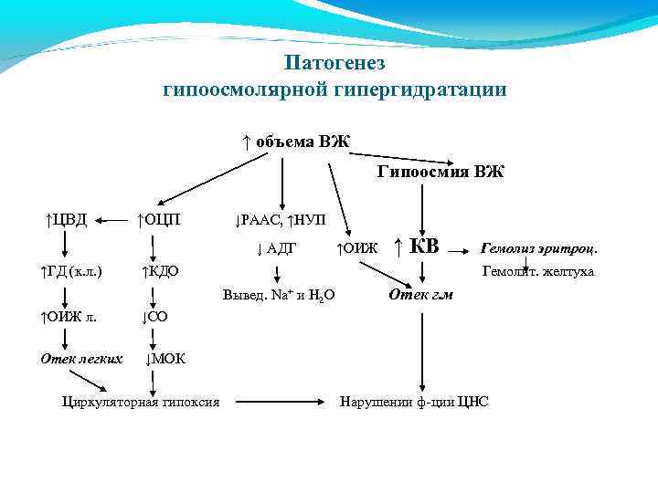 Патогенез гипоосмолярной гипергидратации ↑ объема ВЖ Гипоосмия ВЖ ↑ЦВД ↑ОЦП ↓РААС, ↑НУП ↓ АДГ