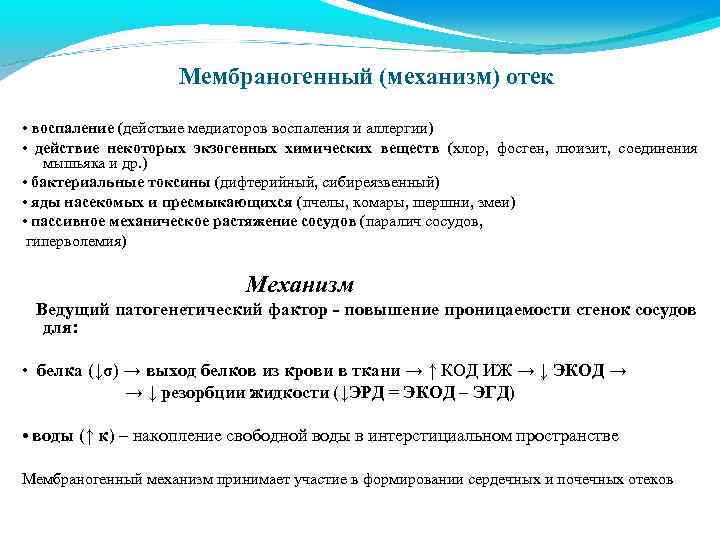 Мембраногенный (механизм) отек • воспаление (действие медиаторов воспаления и аллергии) • действие некоторых экзогенных