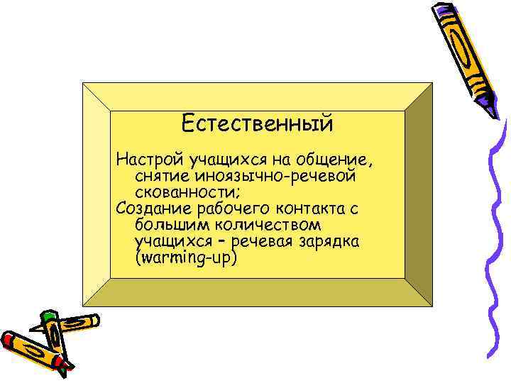 Естественный Настрой учащихся на общение, снятие иноязычно-речевой скованности; Создание рабочего контакта с большим количеством