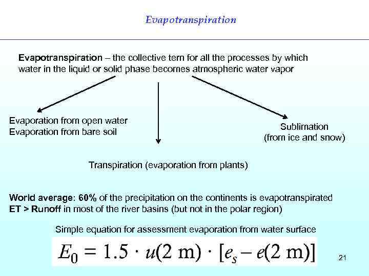 Evapotranspiration – the collective tern for all the processes by which water in the