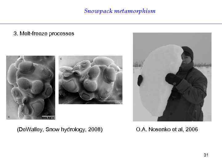 Snowpack metamorphism 3. Melt-freeze processes (De. Walley, Snow hydrology, 2008) O. A. Nosenko et