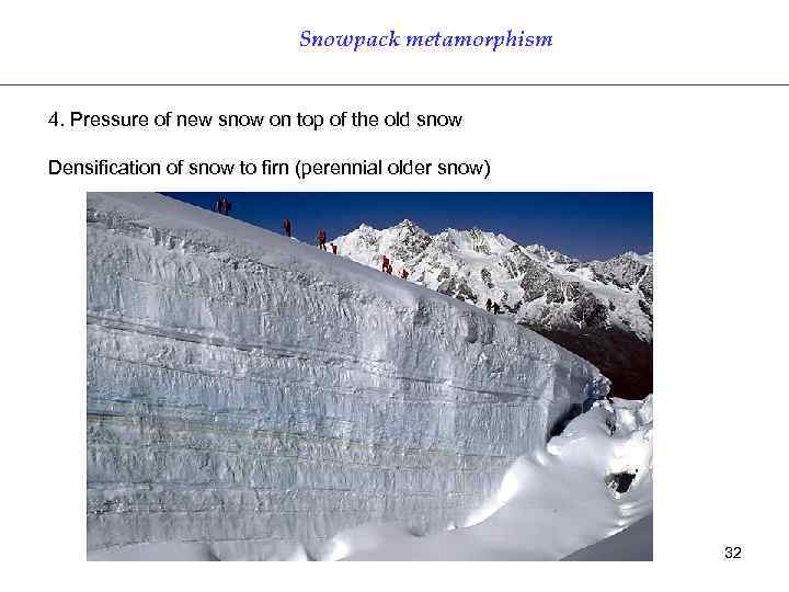 Snowpack metamorphism 4. Pressure of new snow on top of the old snow Densification