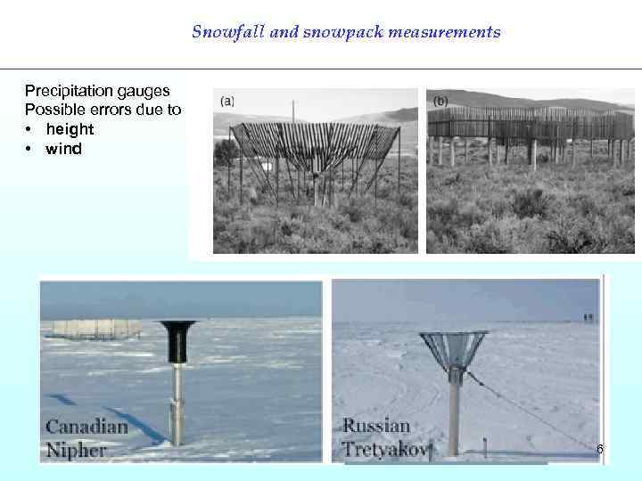 Snowfall and snowpack measurements Precipitation gauges Possible errors due to • height • wind