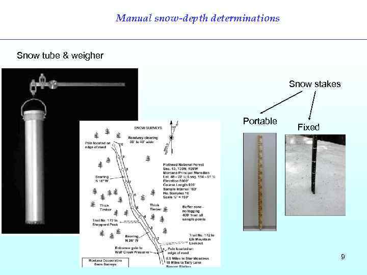 Manual snow-depth determinations Snow tube & weigher Snow stakes Portable Fixed 9 