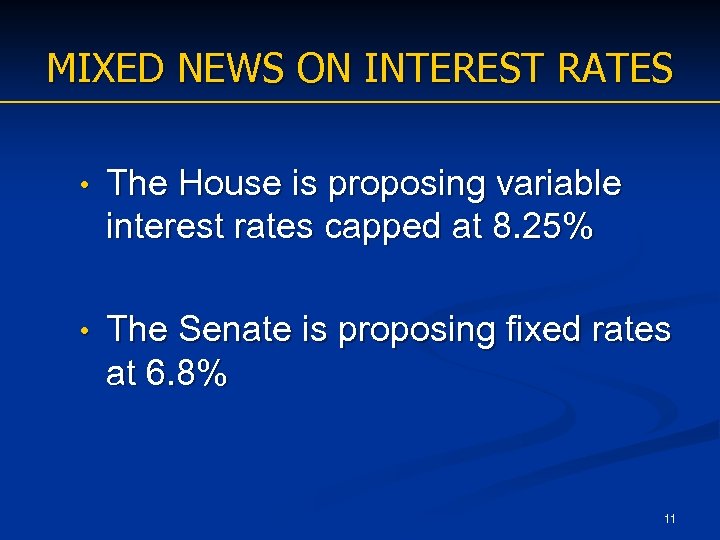 MIXED NEWS ON INTEREST RATES • The House is proposing variable interest rates capped