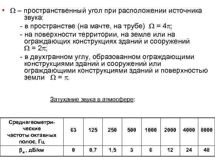  • – пространственный угол при расположении источника звука: - в пространстве (на мачте,