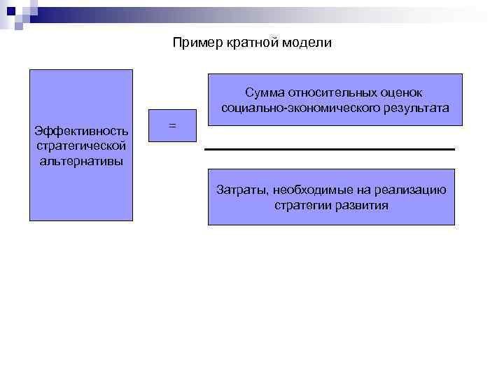 Пример кратной модели Сумма относительных оценок социально-экономического результата Эффективность стратегической альтернативы = Затраты, необходимые