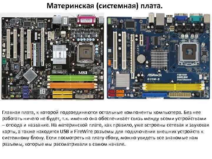 Материнская (системная) плата. Главная плата, к которой подсоединяются остальные компоненты компьютера. Без нее работать