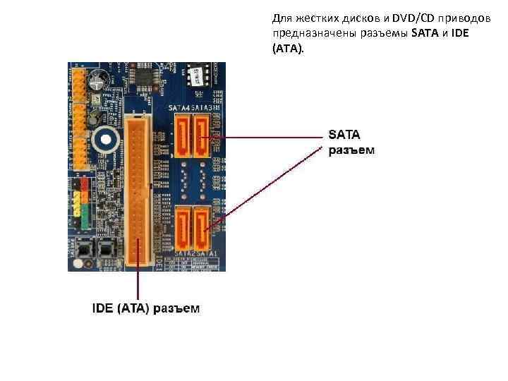 Для жестких дисков и DVD/CD приводов предназначены разъемы SATA и IDE (ATA). 