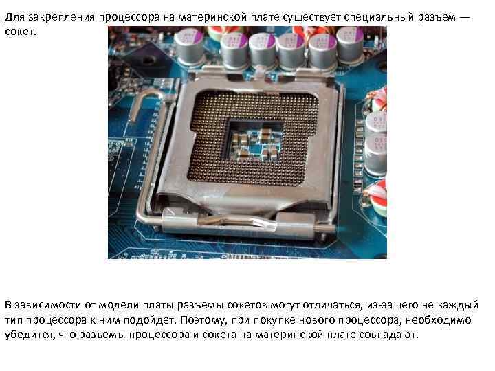 Для закрепления процессора на материнской плате существует специальный разъем — сокет. В зависимости от