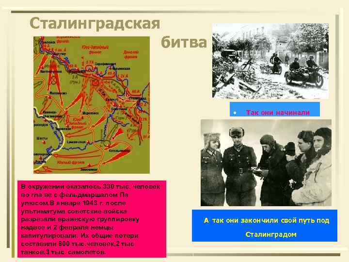 Сталинградская битва • В окружении оказалось 330 тыс. человек во гла ве с фельдмаршалом
