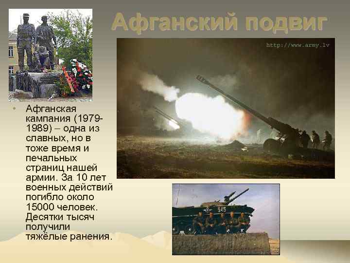 Афганский подвиг • Афганская кампания (19791989) – одна из славных, но в тоже время