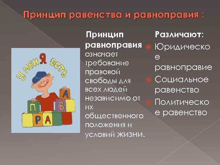 Принцип равенства и равноправия : Принцип Различают: равноправия Юридическо означает е требование равноправие правовой