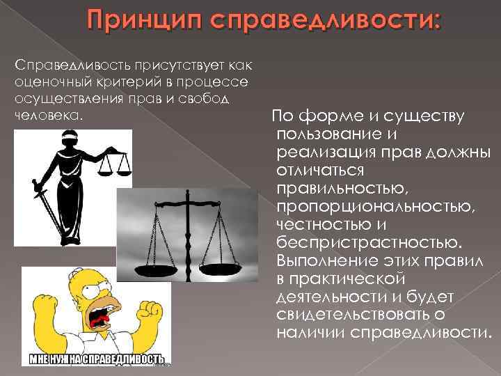 Принцип справедливости: Справедливость присутствует как оценочный критерий в процессе осуществления прав и свобод человека.