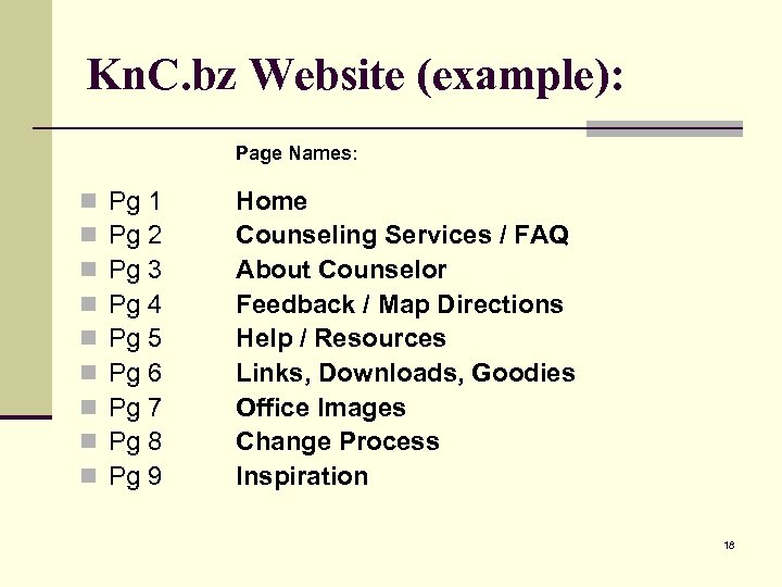 Kn. C. bz Website (example): Page Names: n n n n n Pg 1