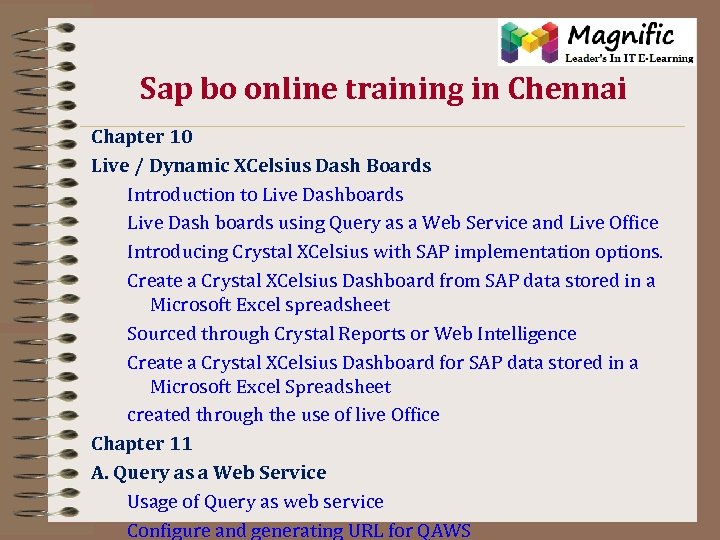 Sap bo online training in Chennai Chapter 10 Live / Dynamic XCelsius Dash Boards