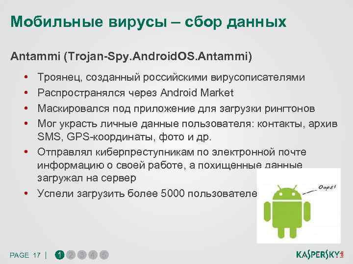 Мобильные вирусы – сбор данных Antammi (Trojan-Spy. Android. OS. Antammi) • • Троянец, созданный
