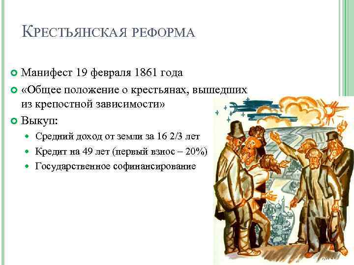 КРЕСТЬЯНСКАЯ РЕФОРМА Манифест 19 февраля 1861 года «Общее положение о крестьянах, вышедших из крепостной