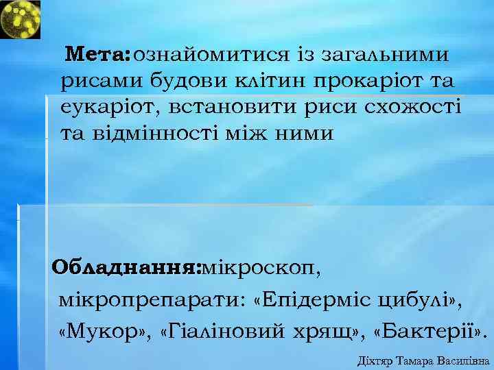 Мета: ознайомитися із загальними рисами будови клітин прокаріот та еукаріот, встановити риси схожості та