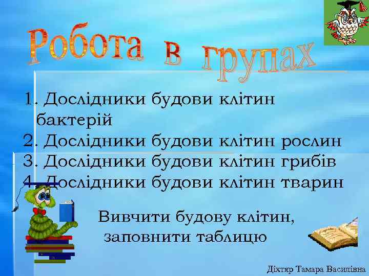 1. Дослідники бактерій 2. Дослідники 3. Дослідники 4. Дослідники будови клітин рослин будови клітин