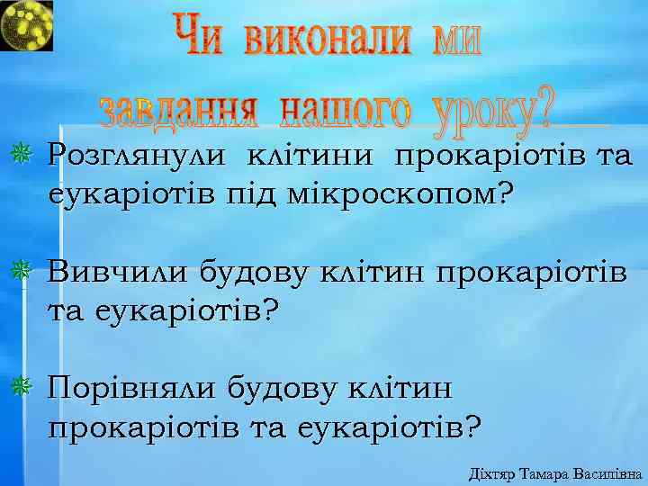 ¯ Розглянули клітини прокаріотів та еукаріотів під мікроскопом? ¯ Вивчили будову клітин прокаріотів та