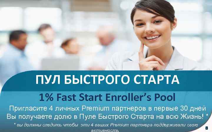 ПУЛ БЫСТРОГО СТАРТА 1% Fast Start Enroller’s Pool Пригласите 4 личных Premium партнеров в